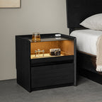 Modern Luxury Solid Plywood Nightstand With Glass Top - End Table With Wireless Charging & LED Sensor Light For Bedroom Storage Lumendat