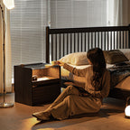 Modern Luxury Solid Plywood Nightstand With Glass Top - End Table With Wireless Charging & LED Sensor Light For Bedroom Storage Lumendat