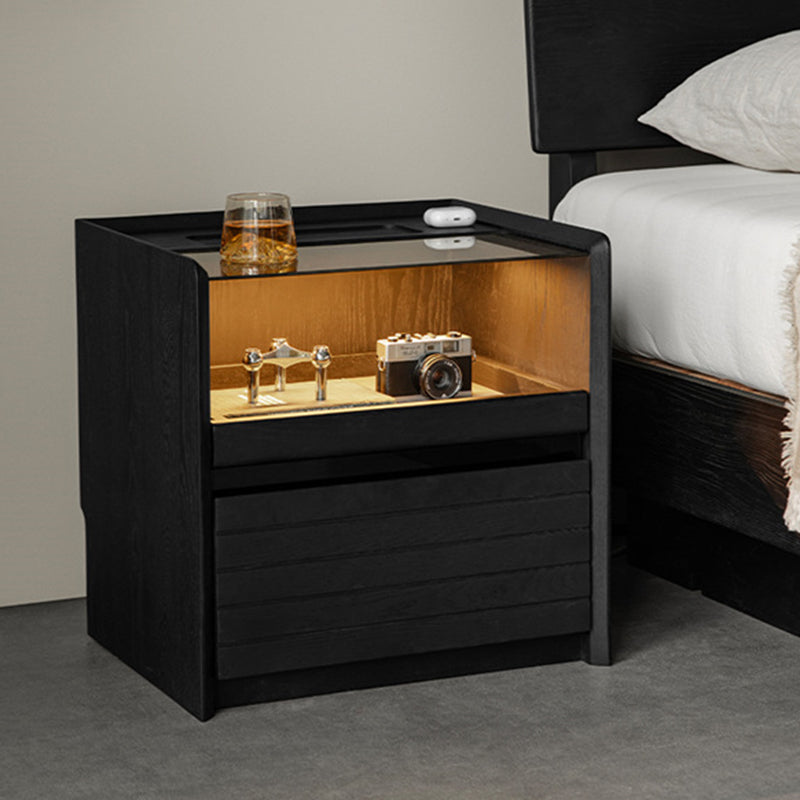 Modern Luxury Solid Plywood Nightstand With Glass Top - End Table With Wireless Charging & LED Sensor Light For Bedroom Storage Lumendat