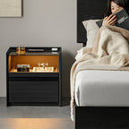 Modern Luxury Solid Plywood Nightstand With Glass Top - End Table With Wireless Charging & LED Sensor Light For Bedroom Storage Lumendat