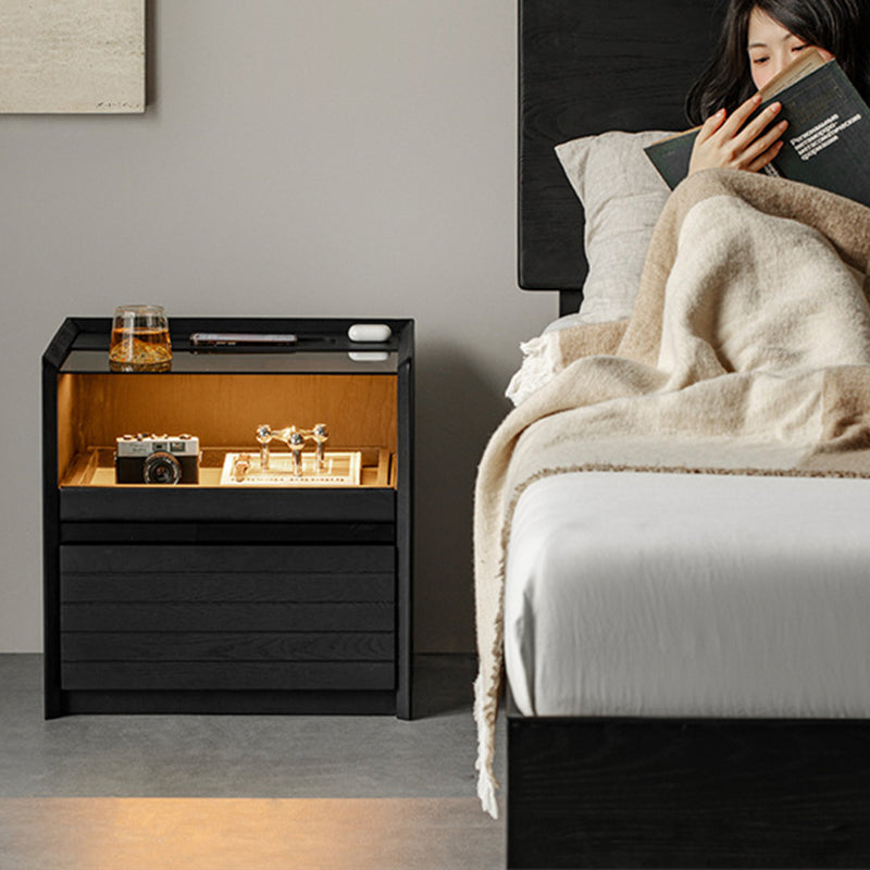 Modern Luxury Solid Plywood Nightstand With Glass Top - End Table With Wireless Charging & LED Sensor Light For Bedroom Storage Lumendat