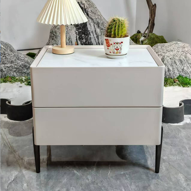 Contemporary Scandinavian Square Cream White 2-Drawer Storage Nightstand - Stone Slab Top Bedside Table For Bedroom Lumendat