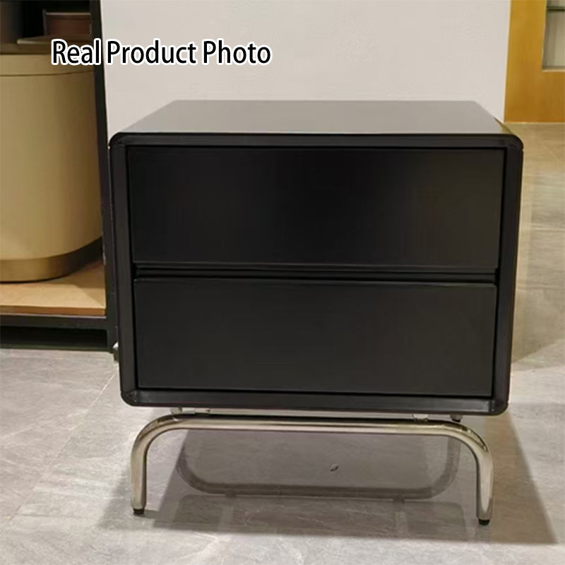 Modern Minimalist Black 2-Drawer Storage Nightstand - Matte Finish Stainless Steel Base Bedside Table For Bedroom Lumendat