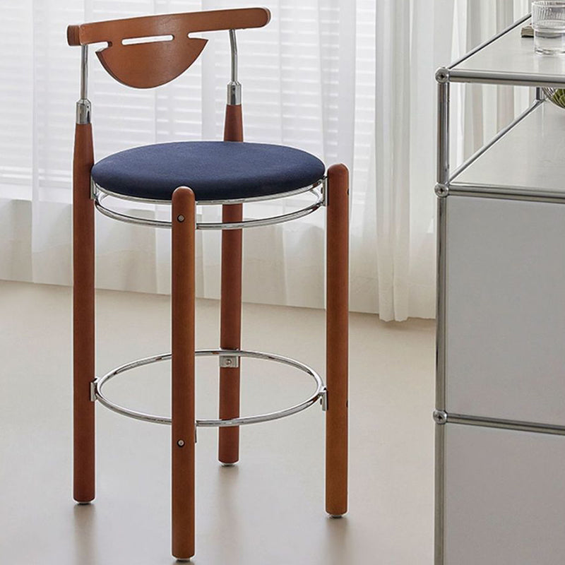 Modern Minimalist Round Solid Wood Plywood Wrought Iron Bar Stool With Backrest Footrest - Beech Wood Legs, Upholstered Sponge Cushions For Dining Room & Kitchen Lumendat