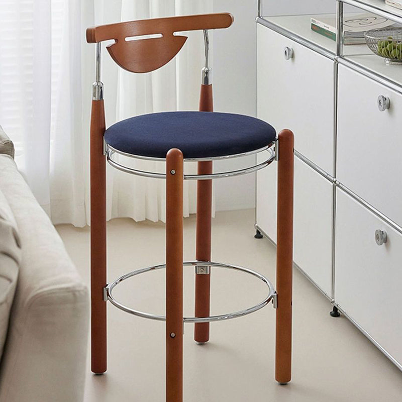 Modern Minimalist Round Solid Wood Plywood Wrought Iron Bar Stool With Backrest Footrest - Beech Wood Legs, Upholstered Sponge Cushions For Dining Room & Kitchen Lumendat