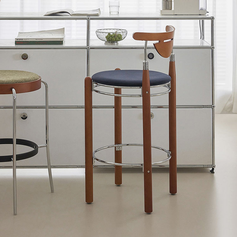 Modern Minimalist Round Solid Wood Plywood Wrought Iron Bar Stool With Backrest Footrest - Beech Wood Legs, Upholstered Sponge Cushions For Dining Room & Kitchen Lumendat