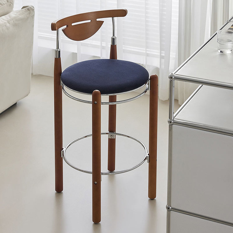 Modern Minimalist Round Solid Wood Plywood Wrought Iron Bar Stool With Backrest Footrest - Beech Wood Legs, Upholstered Sponge Cushions For Dining Room & Kitchen Lumendat