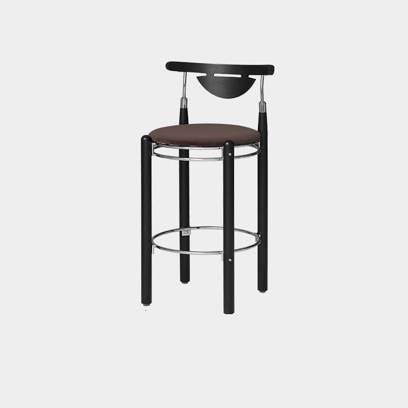 Modern Minimalist Round Solid Wood Plywood Wrought Iron Bar Stool With Backrest Footrest - Beech Wood Legs, Upholstered Sponge Cushions For Dining Room & Kitchen Lumendat