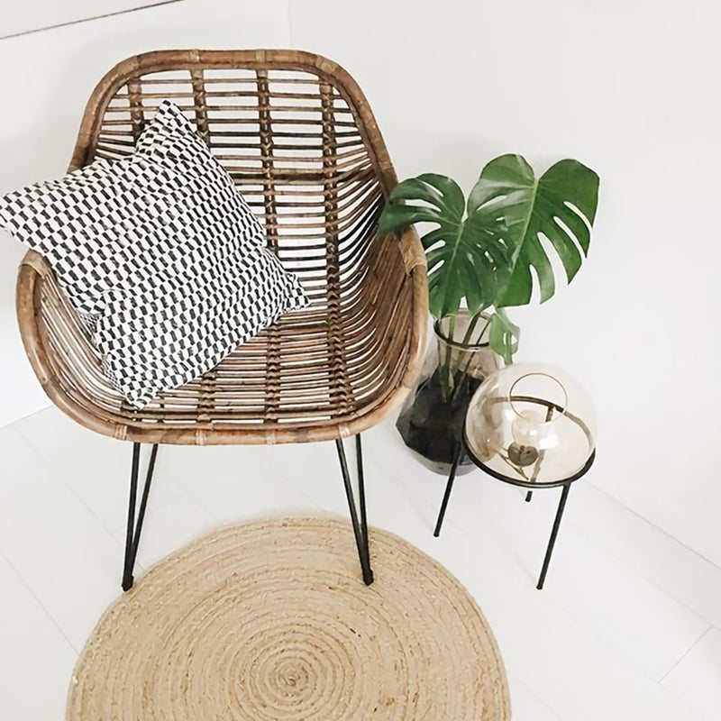 Contemporary Nordic Handwoven Natural Rattan Lounge Chair - Accent Chair With Ergonomic Backrest & Iron Base For Indoor & Outdoor Living Lumendat