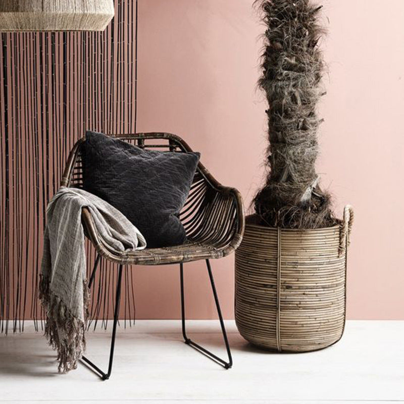 Contemporary Nordic Handwoven Natural Rattan Lounge Chair - Accent Chair With Ergonomic Backrest & Iron Base For Indoor & Outdoor Living Lumendat