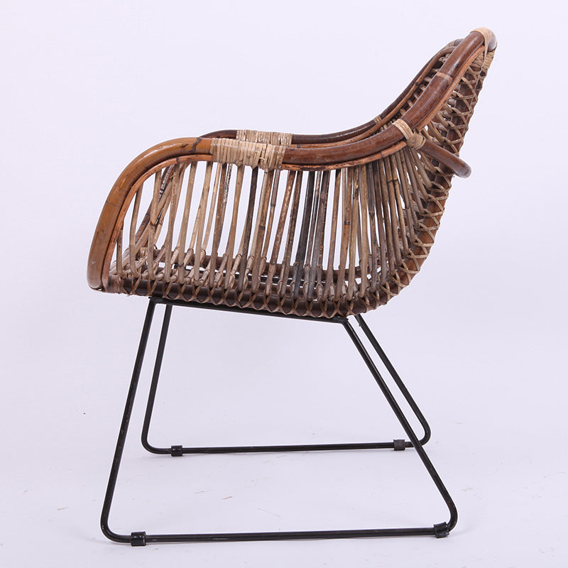 Contemporary Nordic Handwoven Natural Rattan Lounge Chair - Accent Chair With Ergonomic Backrest & Iron Base For Indoor & Outdoor Living Lumendat