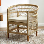 Contemporary Nordic Handwoven Natural Rattan Accent Chair With Round Backrest - Breathable Indoor & Outdoor Lounge Chair For Balcony & Garden Lumendat