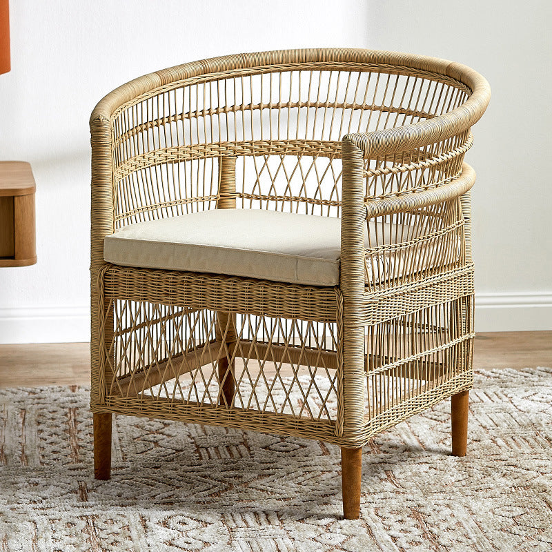 Contemporary Nordic Handwoven Natural Rattan Accent Chair With Round Backrest - Breathable Indoor & Outdoor Lounge Chair For Balcony & Garden Lumendat