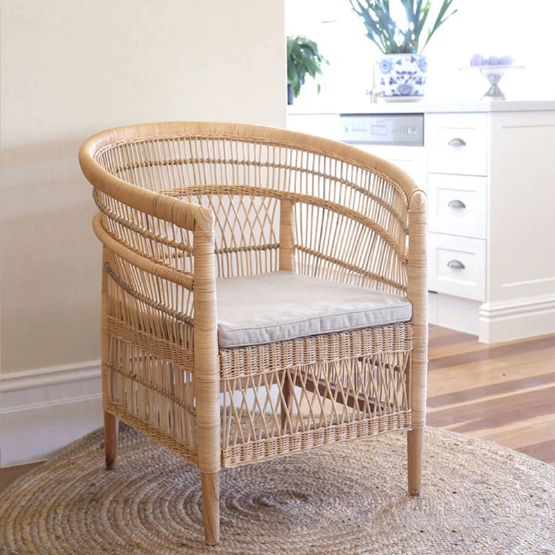 Contemporary Nordic Handwoven Natural Rattan Accent Chair With Round Backrest - Breathable Indoor & Outdoor Lounge Chair For Balcony & Garden Lumendat