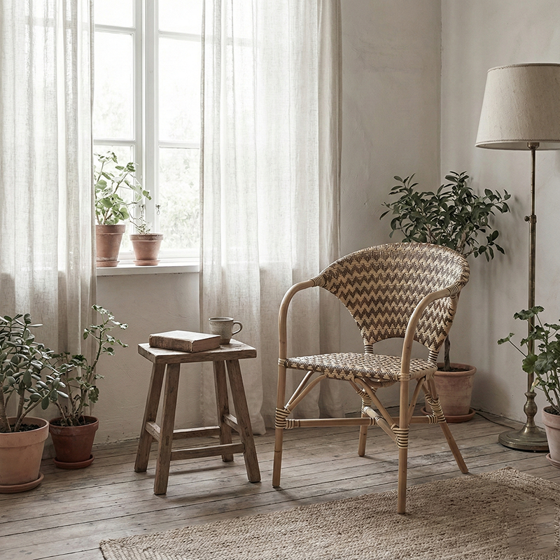 Contemporary Nordic Indonesian Natural Rattan Weaving Dining Chair - Patio Chair With Wide Back & Armrests For Dining Room & Patio & Balcony Lumendat