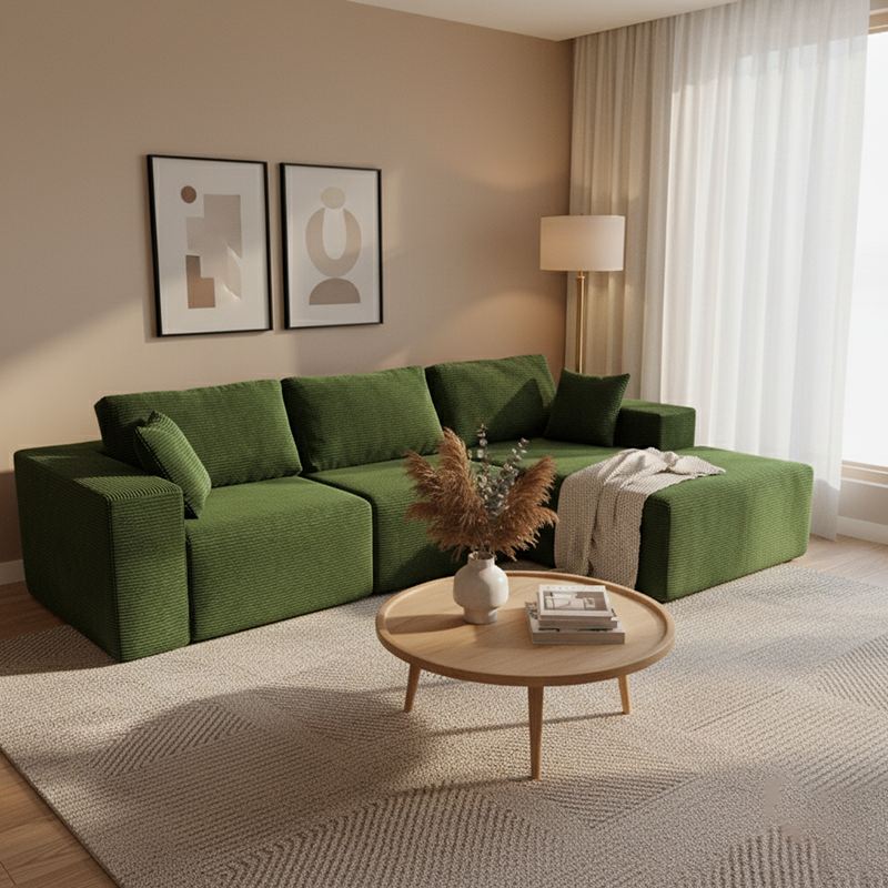 Modern Minimalist Corduroy Compression Sectional Sofa - Frame-Free High Resilience Foam Couch For Living Room Lumendat