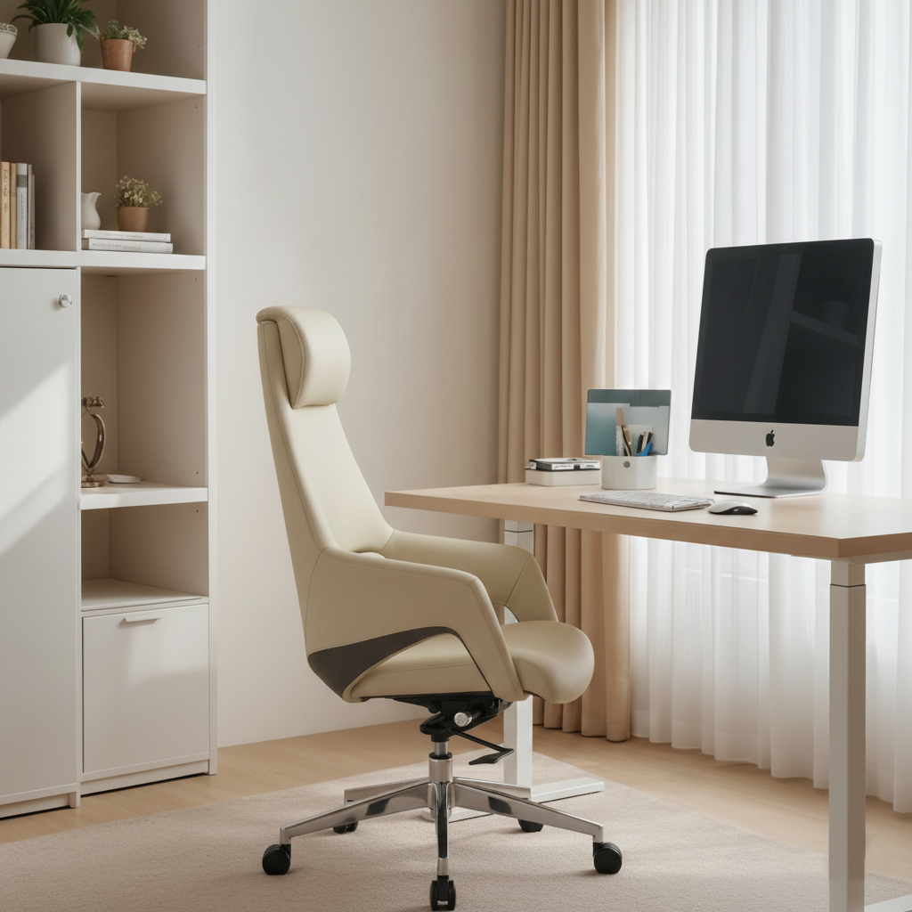 Modern Luxury Ergonomic Executive Office Chair - Adjustable Height Swivel Leather Plywood Metal Desk Chair With Wheels, Reclining Function & Aluminum Base Lumendat