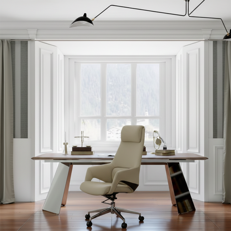 Modern Luxury Ergonomic Executive Office Chair - Adjustable Height Swivel Leather Plywood Metal Desk Chair With Wheels, Reclining Function & Aluminum Base Lumendat