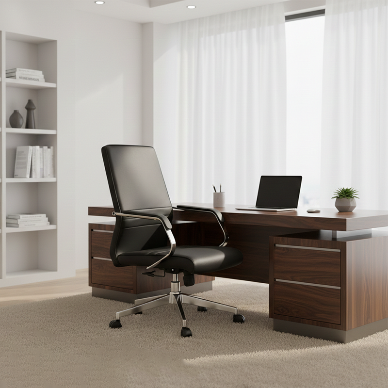 Modern Minimalist Ergonomic Mid-Back Office Chair - Adjustable Height Swivel Leather Plywood Metal Desk Chair With Wheels And Reclining Function Lumendat