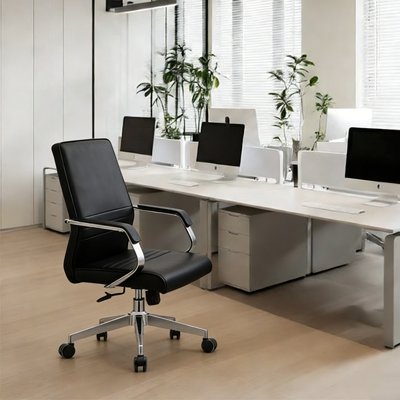 Modern Minimalist Ergonomic Mid-Back Office Chair - Adjustable Height Swivel Leather Plywood Metal Desk Chair With Wheels And Reclining Function Lumendat
