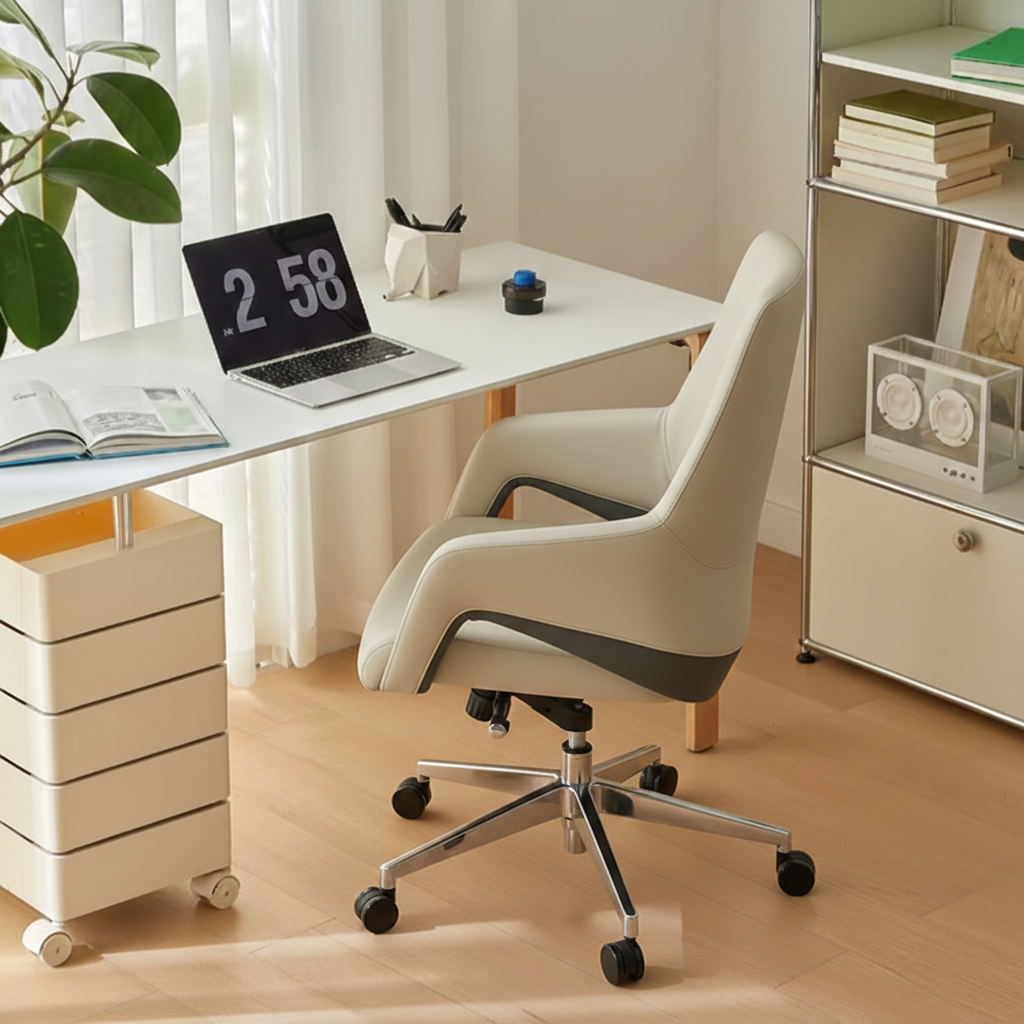 Contemporary Nordic Mid-Back Leather Plywood Metal Office Chair - Ergonomic Executive Desk Chair With Adjustable Height, Swivel Wheels & Reclining Function Lumendat