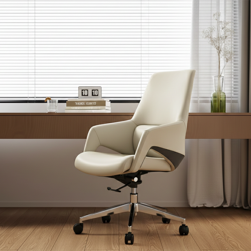 Contemporary Nordic Mid-Back Leather Plywood Metal Office Chair - Ergonomic Executive Desk Chair With Adjustable Height, Swivel Wheels & Reclining Function Lumendat
