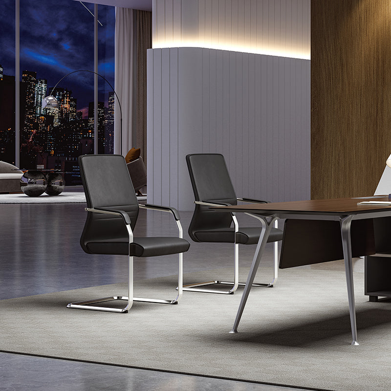 Modern Minimalist Leather Plywood Metal Conference Chair Ergonomic Guest Desk Chair Sled Base Executive Meeting Chair For Office Reception Set Of 4 Lumendat