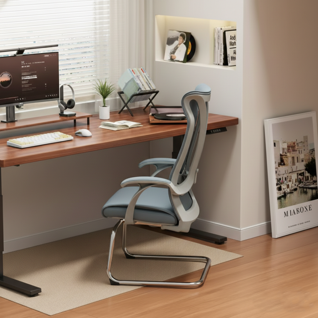 Modern Minimalist Ergonomic Leather Plywood Metal Office Chair Executive Gaming Desk Chair With Headrest Lumbar Support Cantilever Base For Home Office Set Of 2 Lumendat