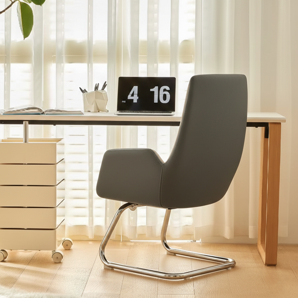 Modern Minimalist Ergonomic Mid Back Leather Plywood & Metal Office Chair - Upholstered Desk Chair With Armrests Comfortable Reception Chair For Home Office Lumendat