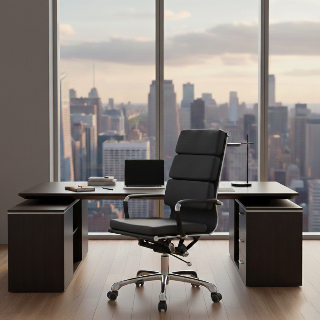 Modern Mid-Back Leather Office Chair Set - Ergonomic Aluminum Alloy Executive Swivel Meeting Chair With Wheels & Adjustable Height Lumendat