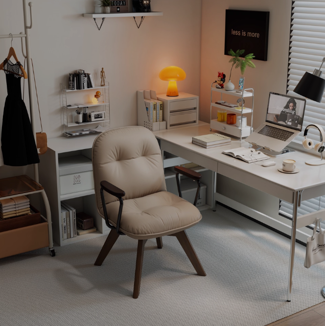 Modern Minimalist Scratch-resistant Leather Solid Wood Plywood Four-Leg Swivel Office Chair - Desk Chair With Armrests & Backrest For Home Office