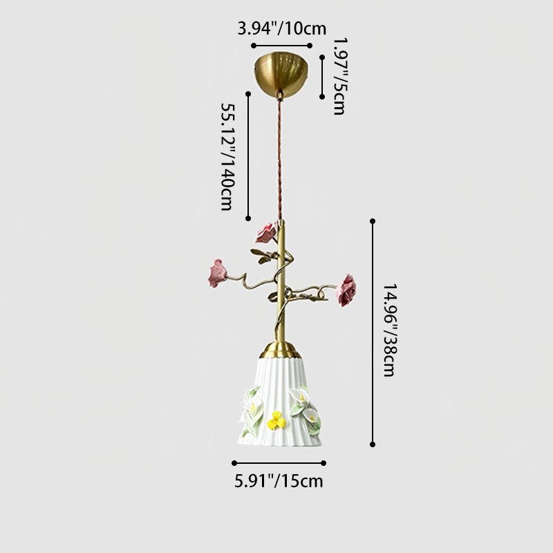 Traditional French Romantic Iron & Ceramic Floral 1-Light Pendant Light For Bedroom & Living Room