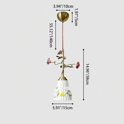 Traditional French Romantic Iron & Ceramic Floral 1-Light Pendant Light For Bedroom & Living Room
