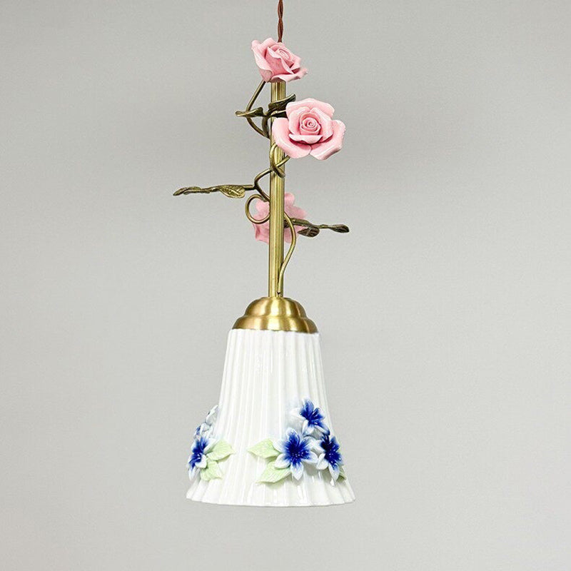 Traditional French Romantic Iron & Ceramic Floral 1-Light Pendant Light For Bedroom & Living Room