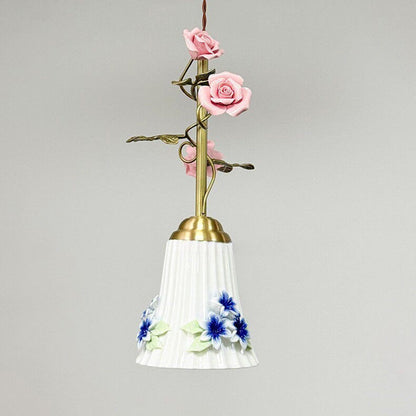 Traditional French Romantic Iron & Ceramic Floral 1-Light Pendant Light For Bedroom & Living Room