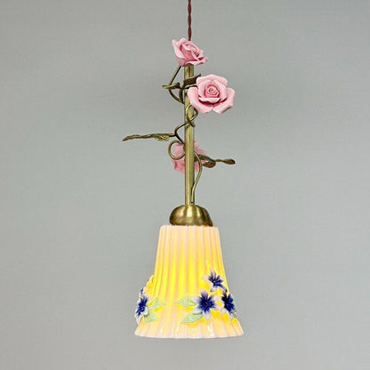 Traditional French Romantic Iron & Ceramic Floral 1-Light Pendant Light For Bedroom & Living Room