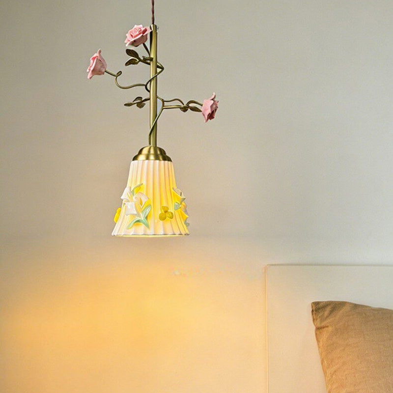 Traditional French Romantic Iron & Ceramic Floral 1-Light Pendant Light For Bedroom & Living Room