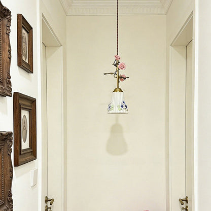 Traditional French Romantic Iron & Ceramic Floral 1-Light Pendant Light For Bedroom & Living Room