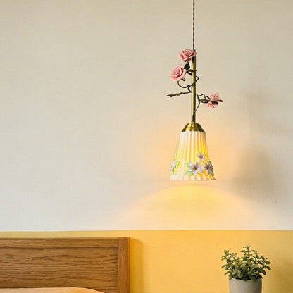 Traditional French Romantic Iron & Ceramic Floral 1-Light Pendant Light For Bedroom & Living Room