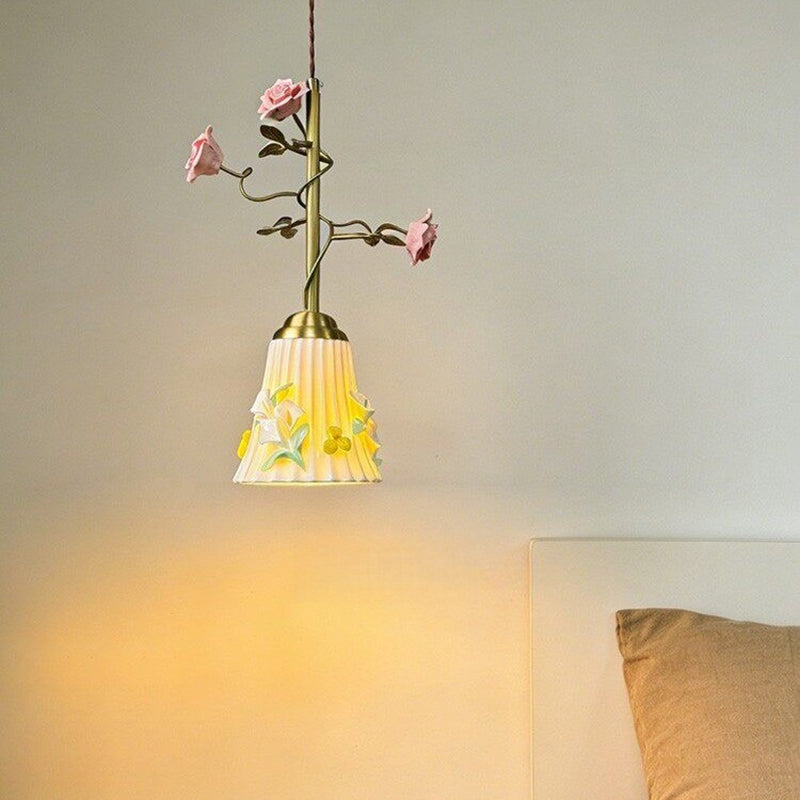 Traditional French Romantic Iron & Ceramic Floral 1-Light Pendant Light For Bedroom & Living Room