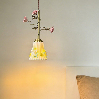 Traditional French Romantic Iron & Ceramic Floral 1-Light Pendant Light For Bedroom & Living Room