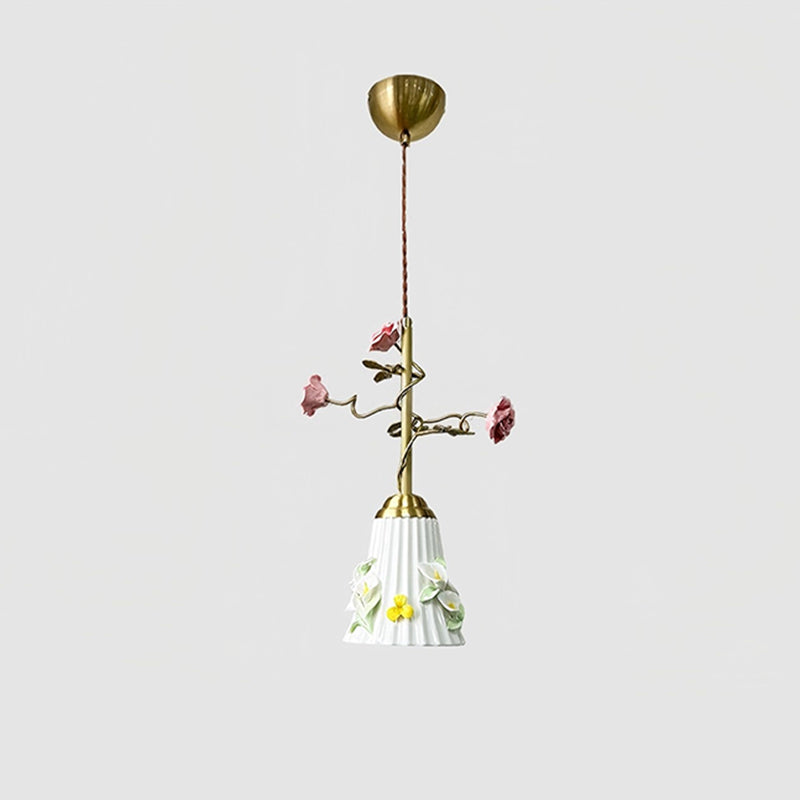 Traditional French Romantic Iron & Ceramic Floral 1-Light Pendant Light For Bedroom & Living Room