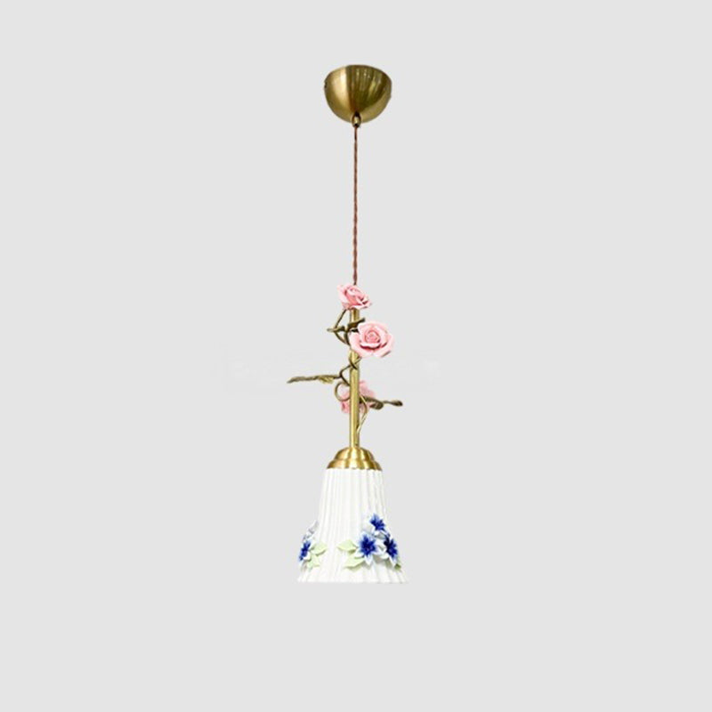 Traditional French Romantic Iron & Ceramic Floral 1-Light Pendant Light For Bedroom & Living Room