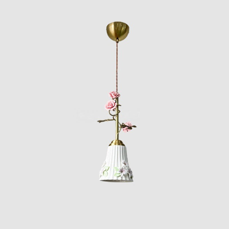 Traditional French Romantic Iron & Ceramic Floral 1-Light Pendant Light For Bedroom & Living Room