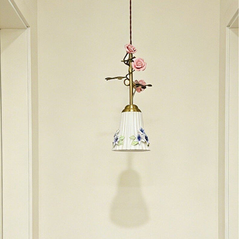 Traditional French Romantic Iron & Ceramic Floral 1-Light Pendant Light For Bedroom & Living Room