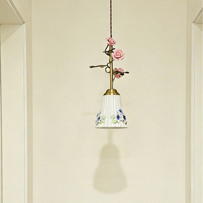 Traditional French Romantic Iron & Ceramic Floral 1-Light Pendant Light For Bedroom & Living Room