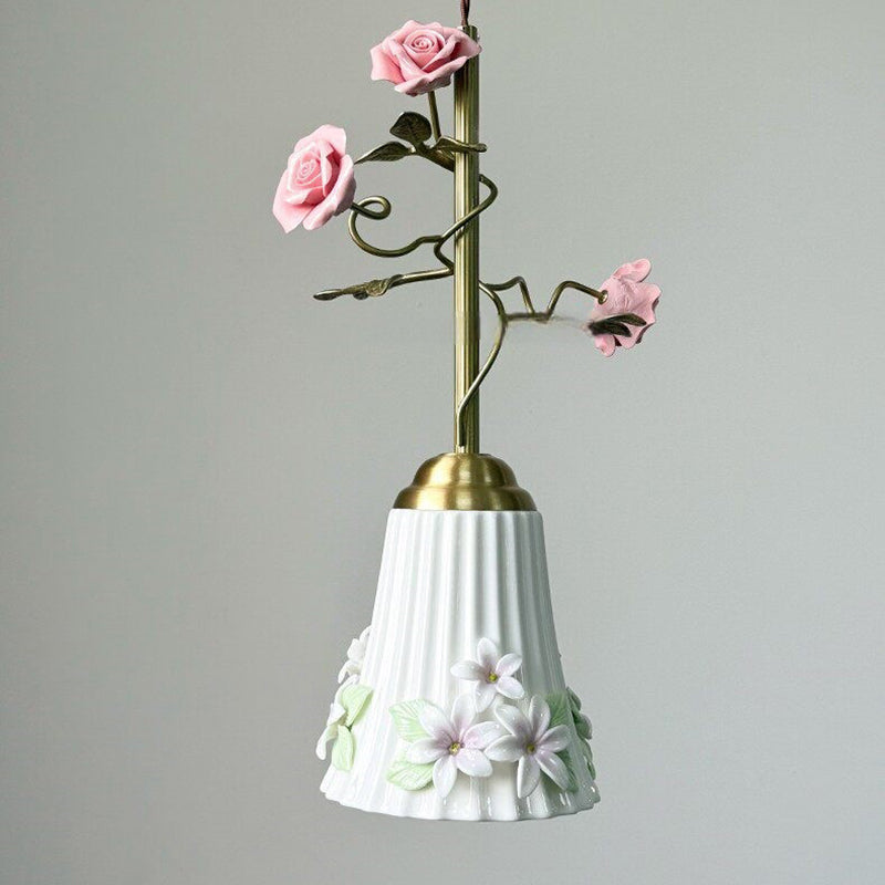 Traditional French Romantic Iron & Ceramic Floral 1-Light Pendant Light For Bedroom & Living Room
