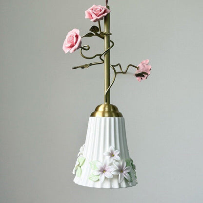 Traditional French Romantic Iron & Ceramic Floral 1-Light Pendant Light For Bedroom & Living Room