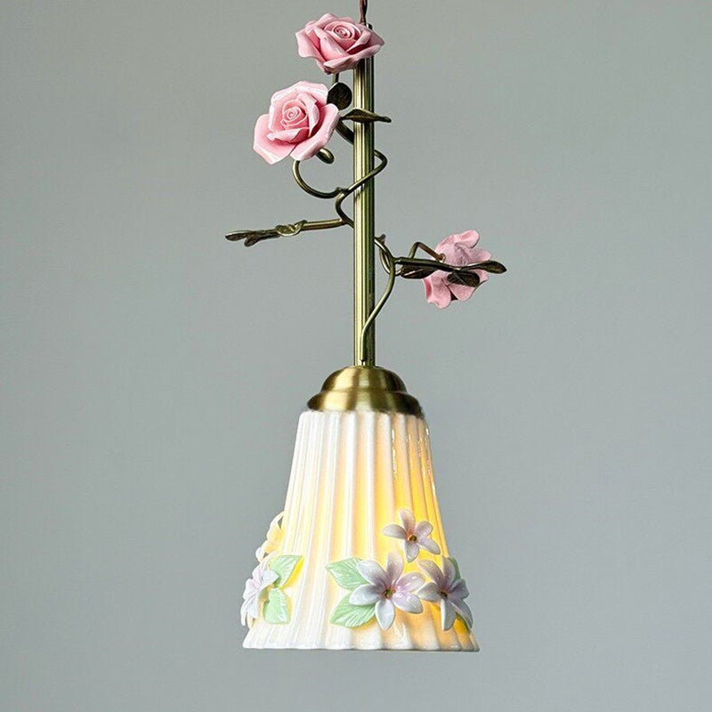 Traditional French Romantic Iron & Ceramic Floral 1-Light Pendant Light For Bedroom & Living Room