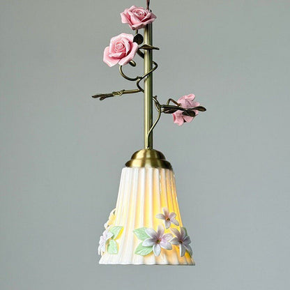 Traditional French Romantic Iron & Ceramic Floral 1-Light Pendant Light For Bedroom & Living Room